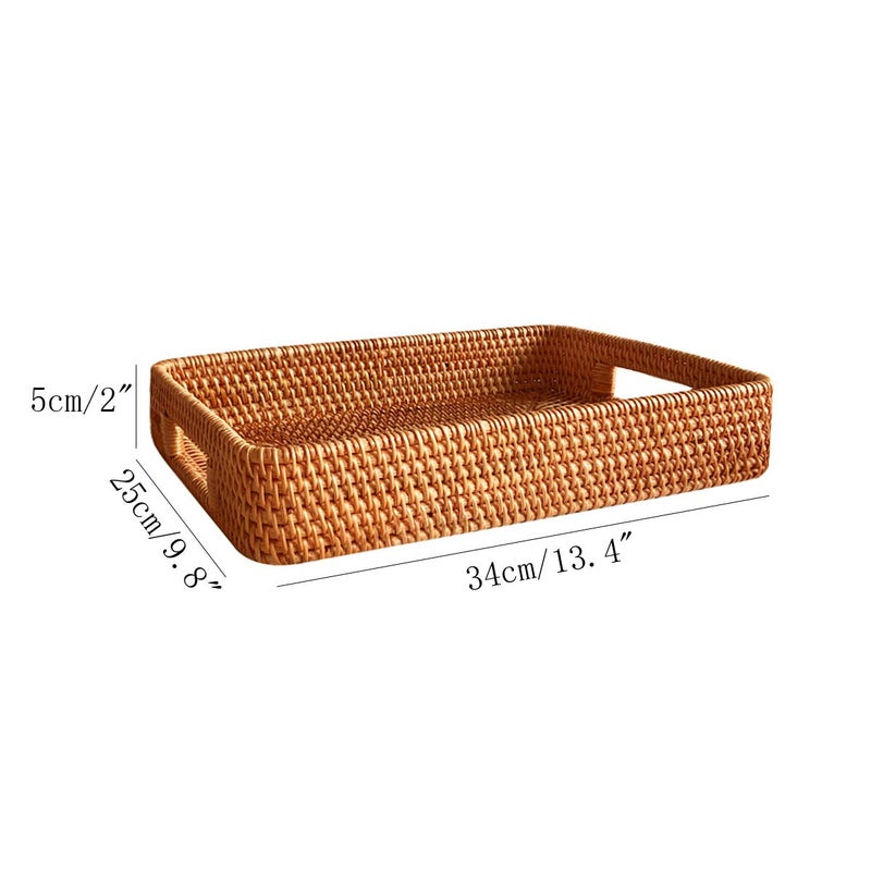 i-lan 13 Inch Handcrafted Serving Tray Rectangle Rattan Display Tray Plates with Cutout Handles and 2" Wall,Wicker Ottoman Coffee Table Decor Basket Tray Organizer Platter for Snack, Candy, Fruit,S - Image 2